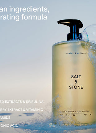 Salt & Stone Body Wash for Women & Men, Santal & Vetiver 15.2 fl oz | Shower Gel, Sulfate-Free, Paraben-Free, Dye-Free, Vegan, Hydrating & Moisturizing with Antioxidants, Vitamin C, Niacinamide