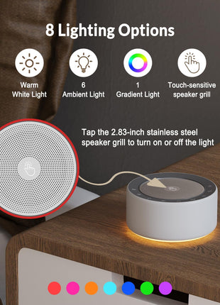 Kipcush White Noise Sound Machine with Nursery Lamp, Mood Lighting, 7 Colour Night Light, 30 Soothing Sounds for Baby/Adult. Timer, Plug in, Memory Function, Touch Control