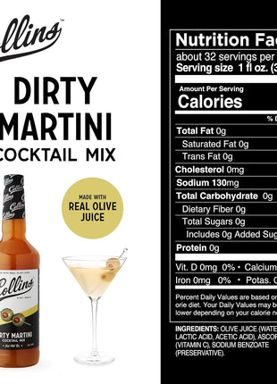 Collins Dirty Martini Mix, Made With Real Olive Brine for the Bold Flavor You Need, Classic Cocktail Recipe Ingredient, Bartender Mixer, Drinking Gifts, Home Cocktail bar, 32 fl oz