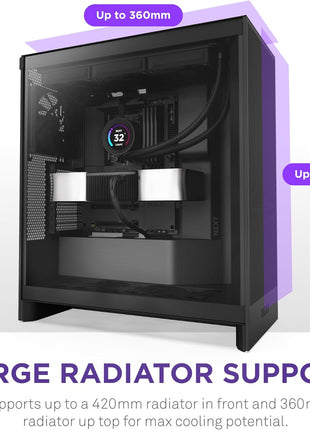 NZXT H7 Flow - Mid-Tower ATX Airflow PC Case - Black | Airflow-first ATX mid-tower. Bottom-mount fans for direct GPU cooling, 420mm front radiator support, clean cable routing.
