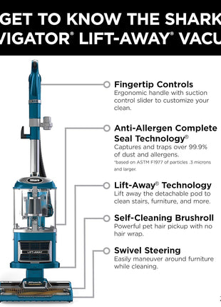 Shark Navigator Lift-Away Vacuum, Self-Cleaning, HEPA, Teal, ZU503AMZ | Lift-Away Pod, Pet Hair Pickup, Swivel Steering, 1200W Power, Upholstery Tool and Pet Crevice Tool for Above-Floor Cleaning