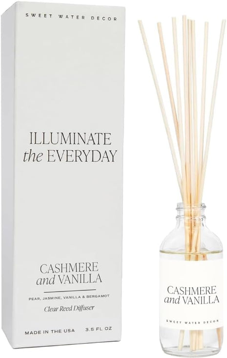 Sweet Water Decor Non-Toxic Cashmere and Vanilla Reed Diffuser Set, Cashmere, Sandalwood, Milky Coconut, Bourbon Vanilla Scented Diffuser for Home, Light Fragrance, Made in the USA, 3.5 FL OZ