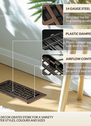 Decor Grates Metal Oriental Decorative Air Vent Cover 4x10 Floor Register ??Adjustable Control Lever ??AC Floor Vent Covers for Home Floor Vents ??Fits 4 x 10 Inch Opening ??Rubbed Bronze (AJH410-RB)