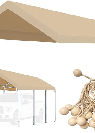 10'x20' Upgraded Carport Replacement Top Canopy Cover for Car Garage Shelter Tent Party Tent with Ball Bungees Beige (Only Top Cover, Frame is not Included)