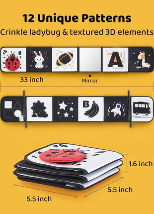 High Contrast Baby Book, Black and White, Tummy Time Mirror Toy | Newborn visual stimulation 0-6 months, Montessori sensory play, soft crinkle pages, folds flat, ties to crib and stroller