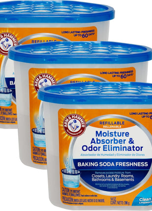 Arm & Hammer Clean Burst Moisture Absorber and Odor Eliminator Tubs, 14 oz, 3 Pack, Attract and Trap Excess Moisture, Eliminate Musty Odors, Convenient and Effective, White