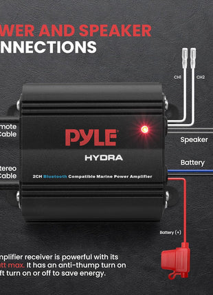 Pyle Auto 2-Channel Marine Amplifier - 200 Watt RMS 4 OHM Full Range Stereo with Wireless Bluetooth & Powerful Prime Speaker - High Crossover HD Music Audio Multi Channel System PLMRMB2CB, Black