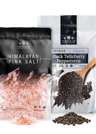 The Spice Lab Pink Himalayan Salt and Pepper Combination Gift Pack (Coarse Salt + Peppercorn Bags)