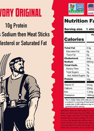 AGRO POWER Vegan Jerky Sticks, 10g Protein per Stick, Savory Original Plant-Based, 7 Stick Bag, Non-GMO, 40% Less Sodium, Zero Cholesterol, Meat Alternative, High Protein Snack for Lunch, On-the Go Fuel