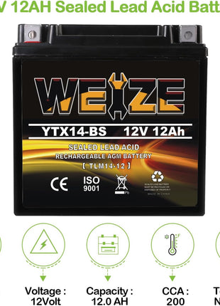 Weize YTX14 BS ATV Battery High Performance - Maintenance Free - Sealed AGM YTX14-BS Motorcycle Battery compatible with Honda Suzuki Kawasaki Yamaha scooter snowmobile