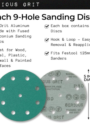5-Inch 9-Hole P80 Grit Sanding Discs - 50 Pack Box | Fits 5" Random Orbital Sanders - Heavy-Duty Hook & Loop Wet/Dry Film Sandpaper For Wood, Auto Body, Paint, Metal, & More