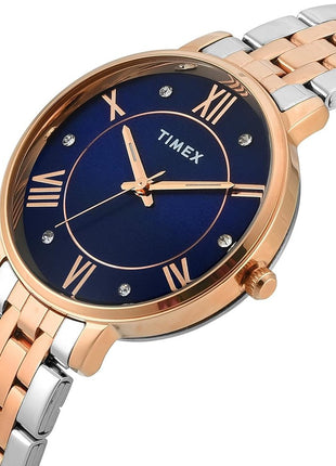 TIMEX Analog Watch for Women with Blue Round Dial & Two Tone Stainless Steel Bracelet Band Water Resistant Women's Wrist Watches - TWEL19110