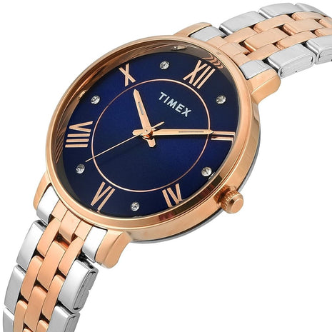 TIMEX Analog Watch for Women with Blue Round Dial & Two Tone Stainless Steel Bracelet Band Water Resistant Women's Wrist Watches - TWEL19110