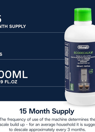 De'Longhi EcoDecalk Descaler, Universal Descaling Solution for Coffee & Espresso Machines, 16.90 oz (5 uses)