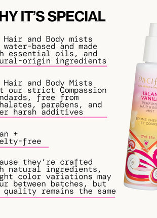 Pacifica Island Vanilla Hair Mist Perfume and Full Body Spray for Women - Fragrance Spray for A Mood-Lifting Experience, Paraben-Free, Clean Beauty No Alcohol, Vegan & Cruelty-Free, 6 oz oz