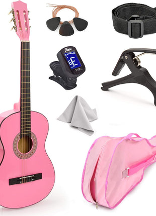 MasterPlay Kids Guitar, 30" Beginner Classical Wood Guitar For Learners, With starter kit, Bag, Strap, Tuner, Pick, Extra String, Cleaning cloth, Christmas, Birthday Gift for Girls Ages 5-12, Pink