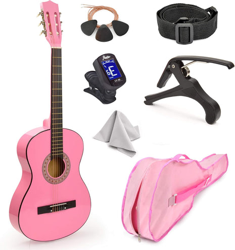 MasterPlay Kids Guitar, 30" Beginner Classical Wood Guitar For Learners, With starter kit, Bag, Strap, Tuner, Pick, Extra String, Cleaning cloth, Christmas, Birthday Gift for Girls Ages 5-12, Pink