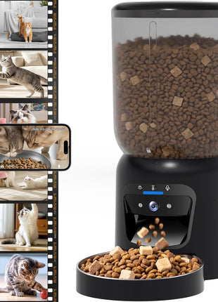Automatic Cat Feeder with 2K Camera: 5G WiFi Automatic Dog Feeder | Night Vision, Two-way Audio, Voice Recording, 304 Stainless Steel Bowl, 6L Large Capacity, Detachable for Easy Clean -24 Cups