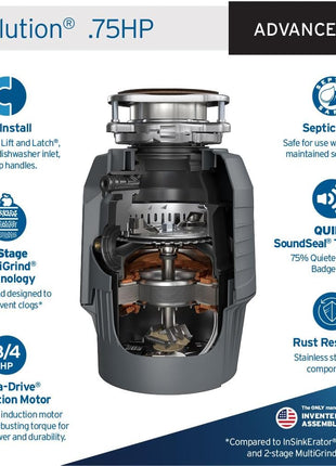 InSinkErator EVOLUTION 0.75HP 3/4 HP, Advanced Series EZ Connect Continuous Feed Food Waste Garbage Disposal, Gray