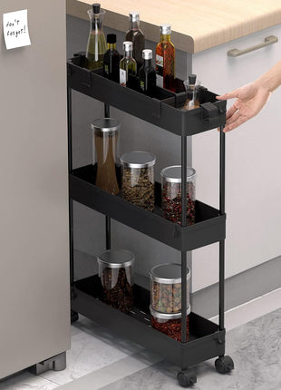 SPACELEAD Slim Storage Cart 3 Tier,Bathroom Organizer Rolling Utility,Mobile Shelving Unit Slide Out for Office, Kitchen, Laundry Room & Narrow Places,Black