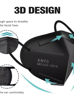 LEMENT 50pcs KN95 Face Mask Black 5-Layer Filter≥95% Cup Dust Safety Masks | 5-layer filtration, breathable fit, elastic ear loops, cup design, for adults, ideal travel, work, commuting & daily use