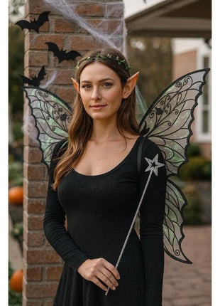 Fairy Wings for Adults, Fairy Costume Set with Floral Garland, Fairy Hair Tinsel, Wand & Elf Ears – 31.5"x21.6" Organza Butterfly Wings – Ideal for Cosplay, Party, Black
