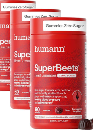 HumanN SuperBeets Heart Gummies Zero Sugar - Beet Gummy with Energy Support, Grape Seed Extract & Beetroot Powder - 60 Count (Pack of 3)