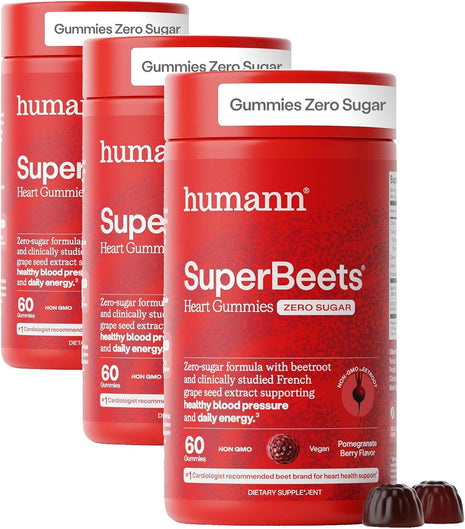 HumanN SuperBeets Heart Gummies Zero Sugar - Beet Gummy with Energy Support, Grape Seed Extract & Beetroot Powder - 60 Count (Pack of 3)