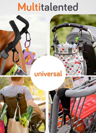 Baby Uma Stroller Hooks for Bags (2 Pack) - Non-Slip, One-Hand Use, 11 lb | These universal stroller clips open one-handed, resist slipping, and each carabiner hook holds 11 lbs—a travel essential.