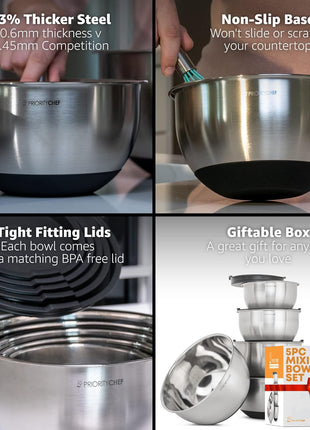 Priority Chef Premium Mixing Bowls With Lids Set, Airtight Lids, Thicker Stainless Steel Mixing Bowl Set, Large Prep Metal Bowls, Nesting Bowls for Kitchen, 1.5/2/3/4/5 Qrt, Black
