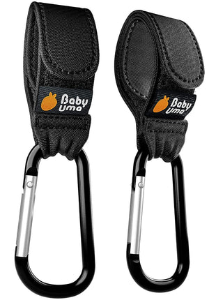 Baby Uma Stroller Hooks for Bags (2 Pack) - Non-Slip, One-Hand Use, 11 lb | These universal stroller clips open one-handed, resist slipping, and each carabiner hook holds 11 lbs—a travel essential.