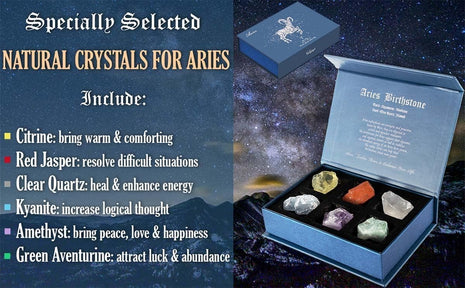 Faivykyd Aries Crystals Gifts for Women - 6 Aries Zodiac Healing Stones w/ 50 Miracle Mantras Affirmation Cards, Inspirational Astrology Gifts for Promoting Positive Energy, Self-Care & Love