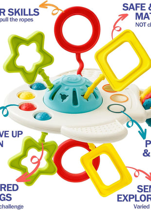 Baby Toys 6 to 12 Months, 5 In 1 Montessori Toys for 1 Year Old, Incl Travel Pull String Toy & Rattle Teether & Stacking Baby Block & Soft Infant Ring & Sensory Ball for Toddler 0-3-6-9-12 Month