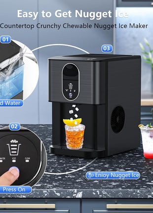 Nugget Ice Makers Countertop, Pellet Ice Maker Machine Dispenser with Water Reservoir, Self-Cleaning, 44lbs/24H Soft Chewable Ice Maker Machine for Home/Kitchen/Office, Black Stainless