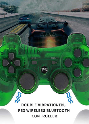 Wireless Controller for PS-3 Motion Sense Double Vibration Upgraded Gaming Remote for Play 3 with Charging Cord (Transparent Green and Transparent Blue)