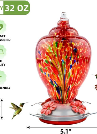 WOSIBO Hummingbird Feeder for Outdoors Patio Large 32 Ounces Colorful Hand Blown Glass Hummingbird Feeder with Ant Moat Hanging Hook, Rope, Brush and Service Card (RED-Firework)