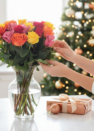 Benchmark Bouquets - Roses Bouquet Assorted Colors - Fresh Flowers for Delivery - Two Dozen Long Stem Roses - Live Flowers - Gift Roses in a Box - Birthday Flowers for Women (Glass Vase Included)