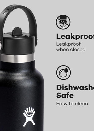 Hydro Flask Water Bottle - Insulated Stainless Steel - Straw Lid, Non Spill, Leakproof 24 Oz Black