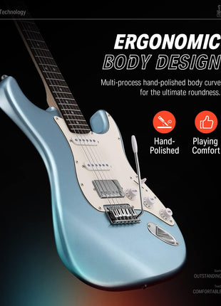 Donner DST 152R Electric Guitar, 39 inch Beginner Electric Guitar Kit, HSS Pickup with Coil Split, Guitar Starter Set with Amp, Bag, All Accessories, Metallic Ice Blue