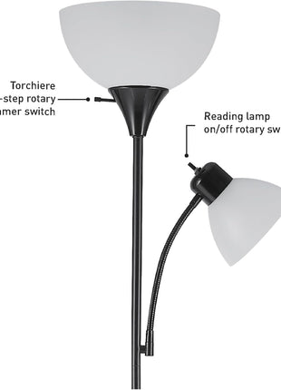 GLOBE Electric 67135 72 inch Torchiere Floor Lamp and Adjustable Reading Light, Matte Black, Frosted Shade, Dual Rotary Switch, 3-Step Dimming, Modern Lighting for Living Room or Office