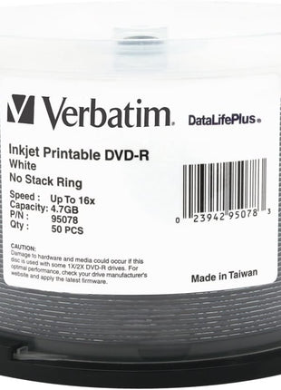Verbatim 4.7GB Up to 16X Datalifeplus White Inkjet Printable Recordable Disc DVD-R, 50 -Disc Spindle