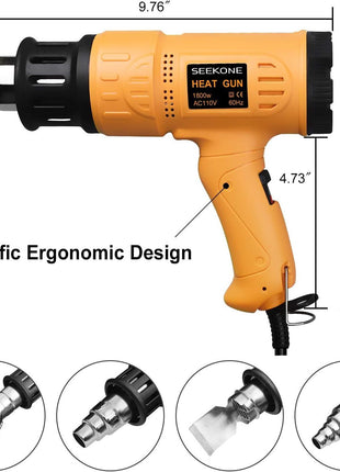 SEEKONE 1800W Heat Gun Variable Temp 122°F-1202°F for Crafts, Shrink Wrap | Fast Heating 122°F-1202°F, Dual Airflow, Overheat Protection, 4 Nozzles for Shrink Tubing, Paint Removal and 3D Printing