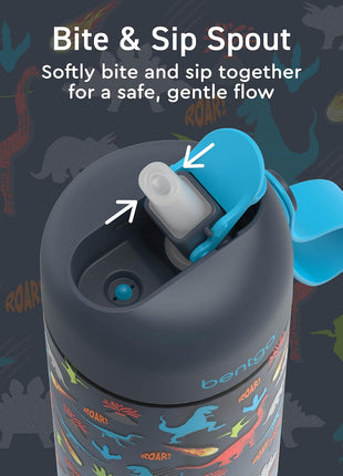 Bentgo Kids Water Bottle - Leak-Proof, Durable Tritan, BPA-Free 15 oz. Cup for Kids/Toddlers Ages 3+, Bite & Sip Spout, Carrying Handle & Dishwasher Safe for School, Sports, Daycare & Camp (Dinosaur)