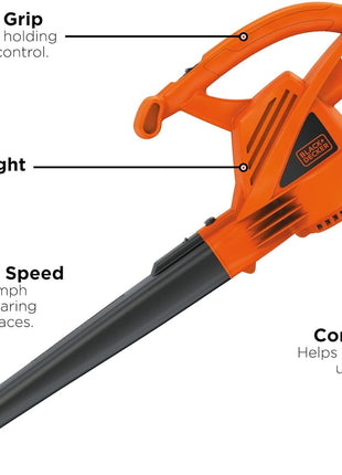 BLACK+DECKER Electric Leaf Blower, Handheld Blowers for Lawn Care, Lightweight, 180 MPH 180 CFM, 7-Amp, Corded (LB700)