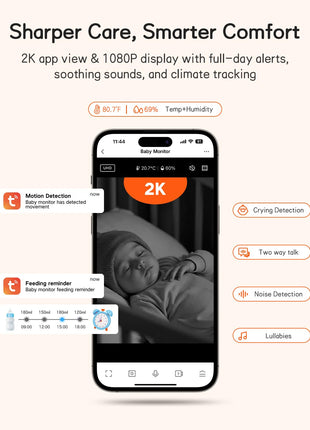 2K Smart WiFi Baby Monitor with Camera and Audio, 5inch Display, Smartphone App, Auto Tracking, Cry & Motion Detection, Temp & Humidity Sensor, HD Night Vision
