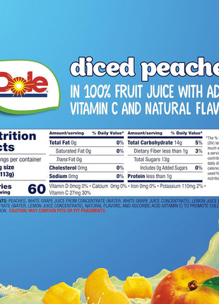 Dole Diced Peaches in 100% Juice - Dole Fruit Bowls Snacks - 4 oz Fruit Bowls - 12 Pack
