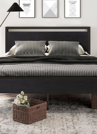 SHA CERLIN 14 Inch Queen Size Metal Platform Bed Frame with Wooden Headboard and Footboard, Mattress Foundation, No Box Spring Needed, Large Under Bed Storage, Non Slip Without Noise, Black Oak