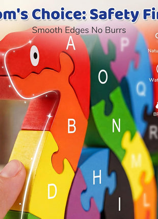 LovesTown Wooden Double Sided Snake Puzzle | Alphabet & Numbers, Montessori Educational, Chunky Animal Design, For Toddlers, Great Learning Gift