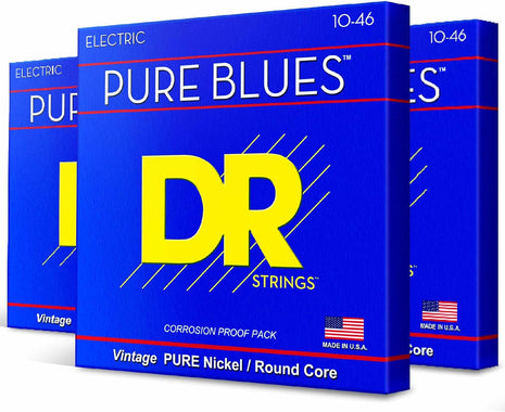 DR Strings - Pure Blues - Electric Guitar Strings 6-String Set - Medium 10-46 - Pure Nickel - 3 Pack - Electric Guitar Accessories (PHR-10-3PK)