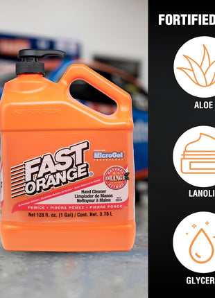 Fast Orange 25219 Pumice Lotion, Heavy Duty Hand Cleaner, Natural Citrus Scent, Waterless Cleaner for Mechanics, Strong Grease Fighter, 1 Gallon